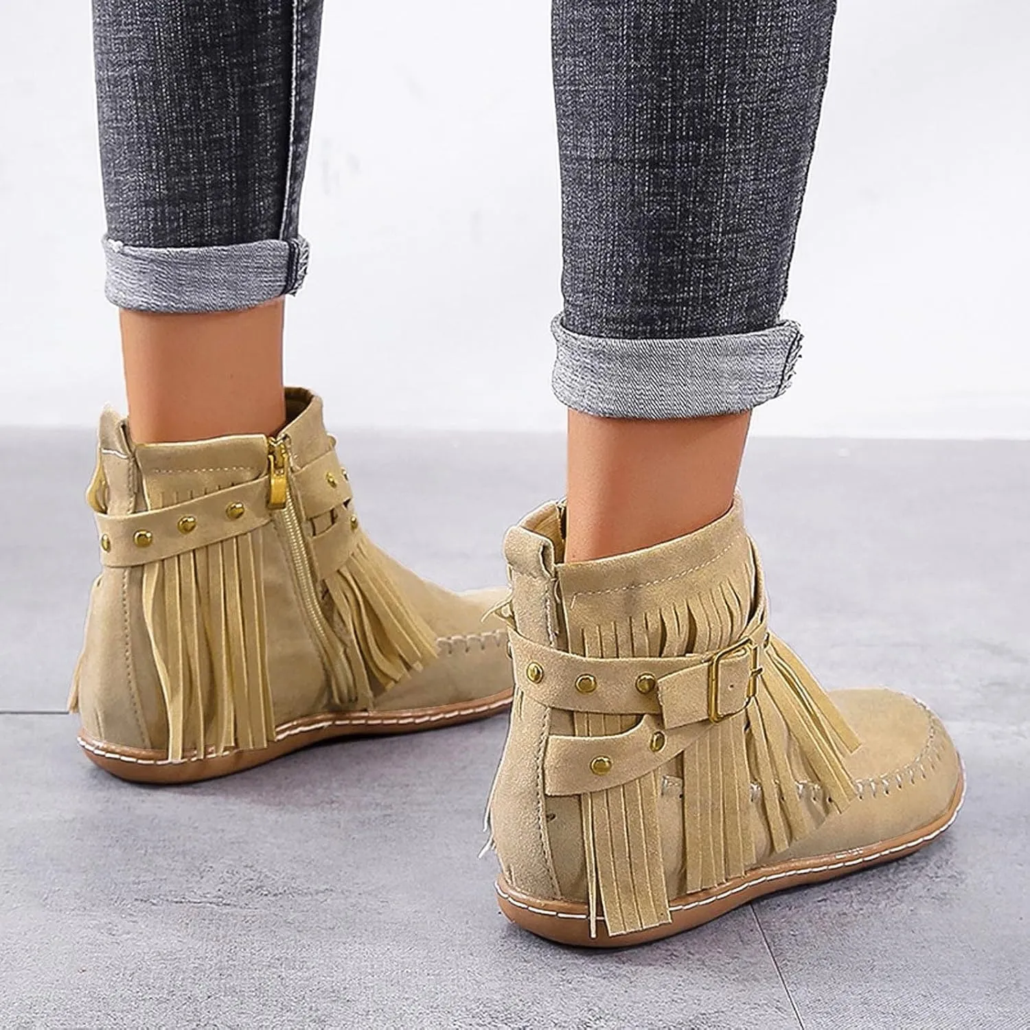Cathalem Ankle Boots for Women, Fringe Faux Suede Boots Retro Round Toe Fringe Buckle Strap Boots Tassel Knight Booties Shoes