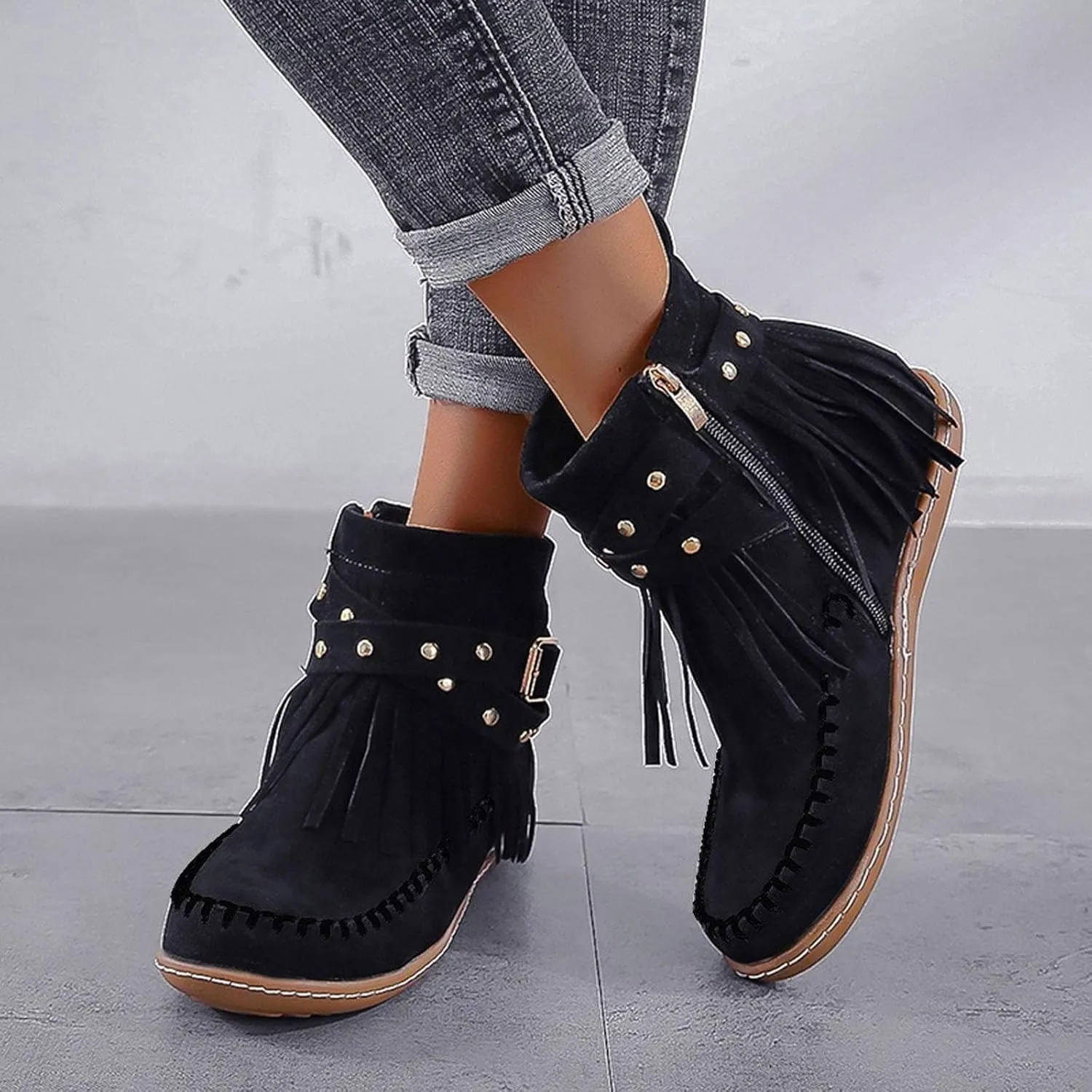 Cathalem Ankle Boots for Women, Fringe Faux Suede Boots Retro Round Toe Fringe Buckle Strap Boots Tassel Knight Booties Shoes
