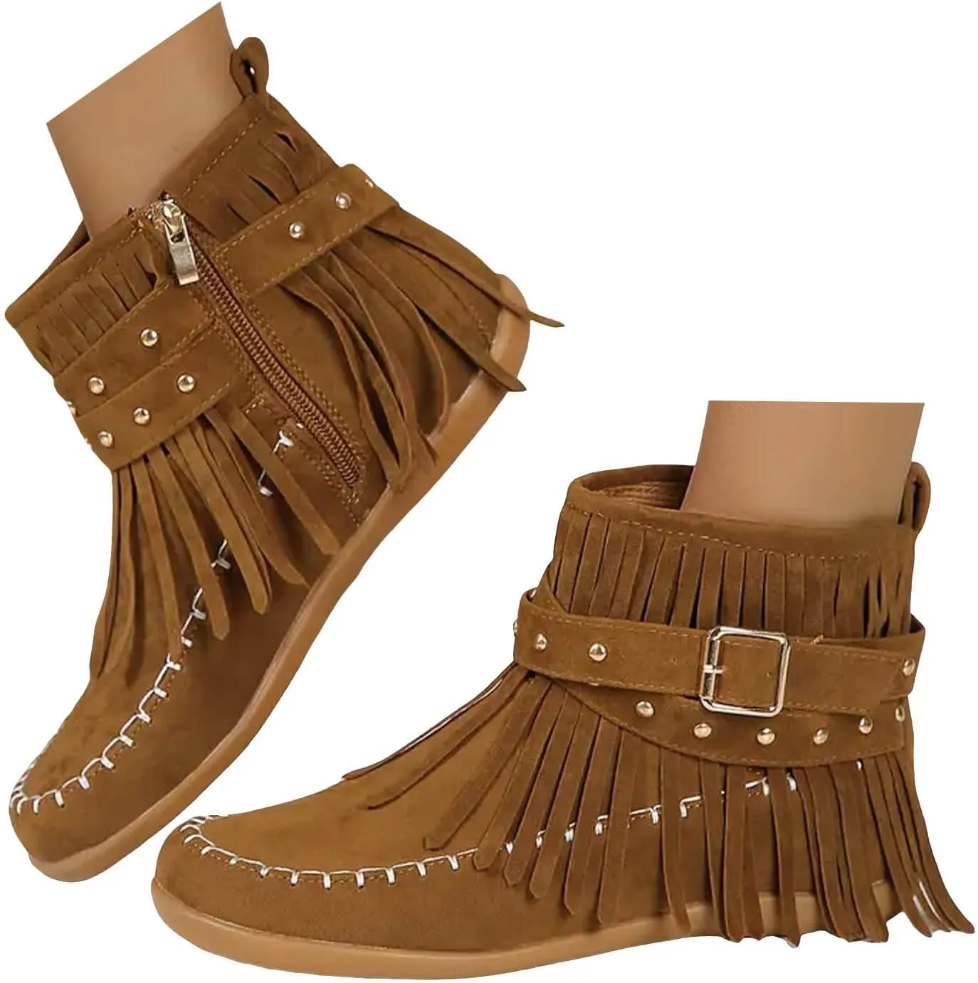 Cathalem Ankle Boots for Women Fringe Faux Suede Boots Retro Round Toe Fringe Buckle Strap Low Heel Rome Flat Shoes