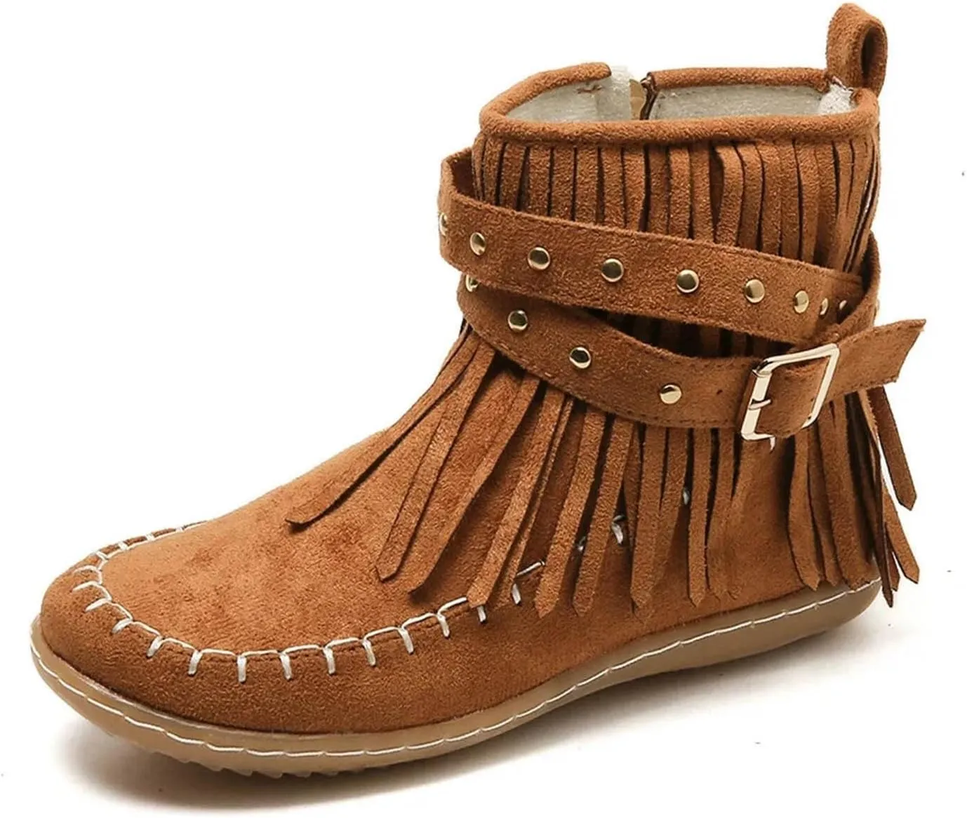 Cathalem Ankle Boots for Women Fringe Faux Suede Boots Retro Round Toe Fringe Buckle Strap Low Heel Rome Flat Shoes