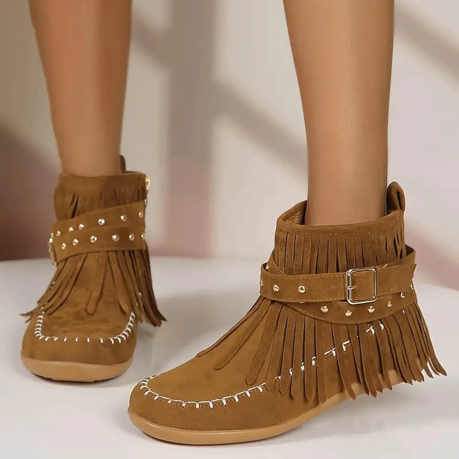 Cathalem Ankle Boots for Women Fringe Faux Suede Boots Retro Round Toe Fringe Buckle Strap Low Heel Rome Flat Shoes