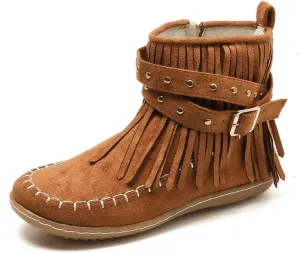 Cathalem Ankle Boots for Women Fringe Faux Suede Boots Retro Round Toe Fringe Buckle Strap Low Heel Rome Flat Shoes