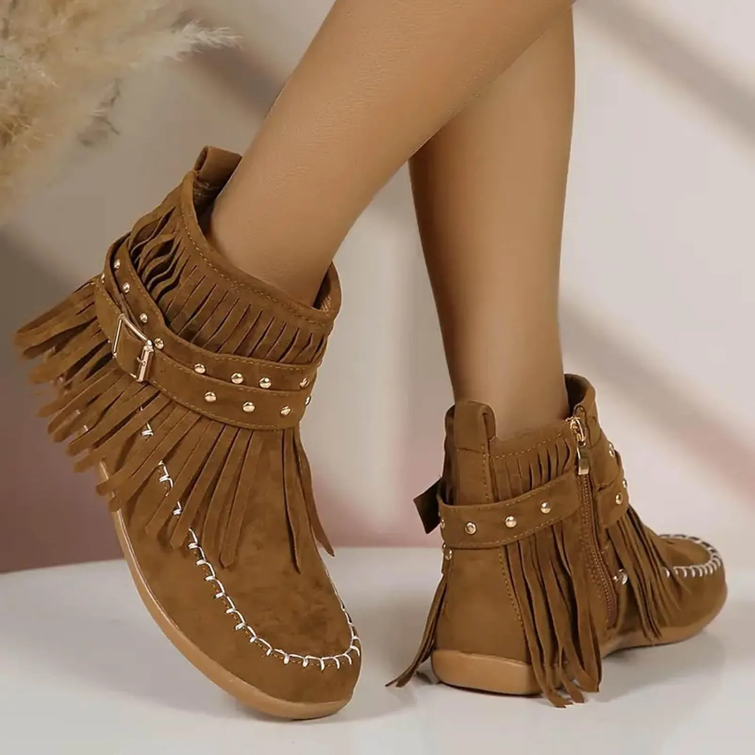 Cathalem Ankle Boots for Women Fringe Faux Suede Boots Retro Round Toe Fringe Buckle Strap Low Heel Rome Flat Shoes