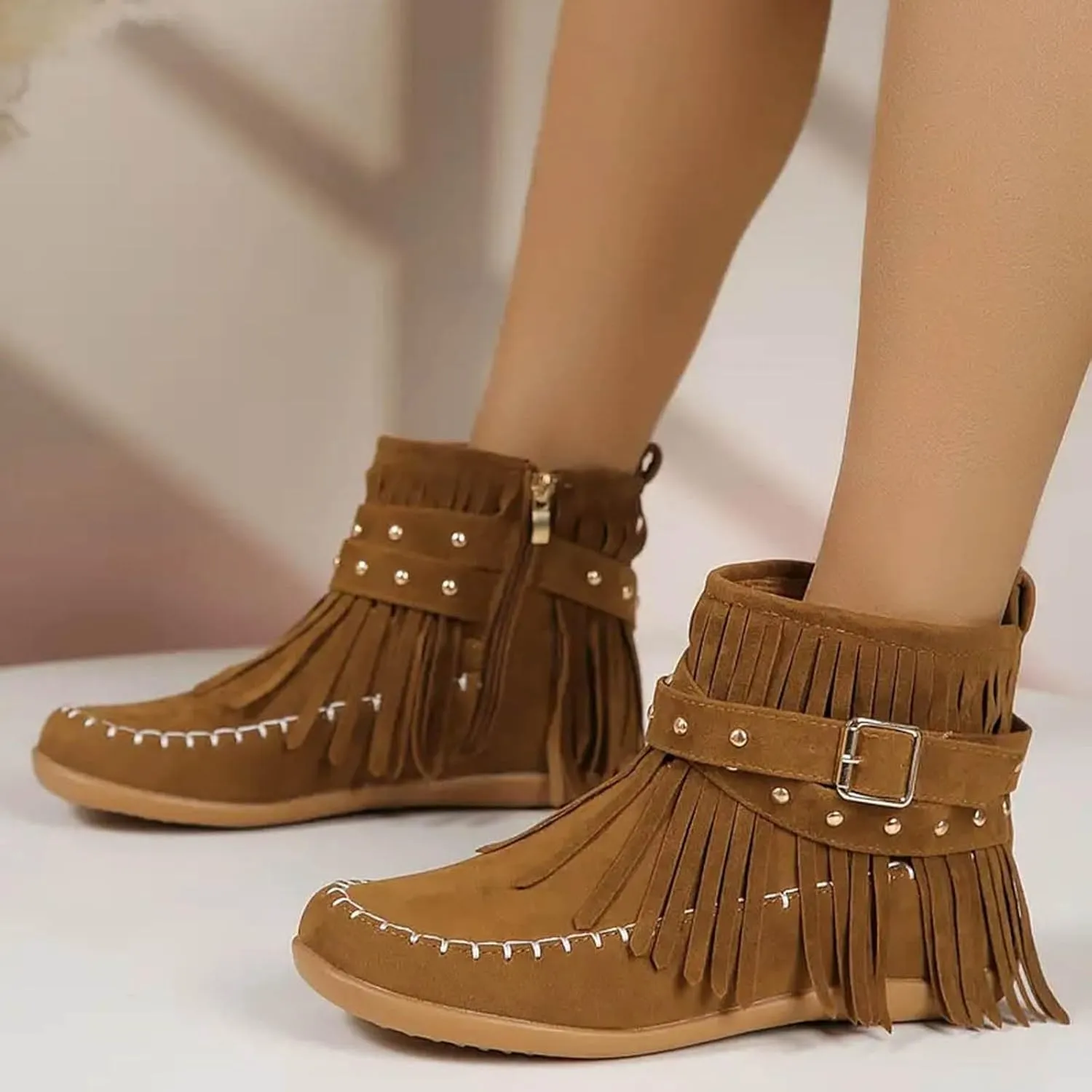 Cathalem Ankle Boots for Women Fringe Faux Suede Boots Retro Round Toe Fringe Buckle Strap Low Heel Rome Flat Shoes