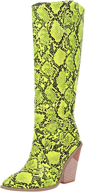 Cathalem Women's Knee High Boots Colorful Snakeskin Boots Round Toe Snake Print Chunky Block High Heel Pull On Boots