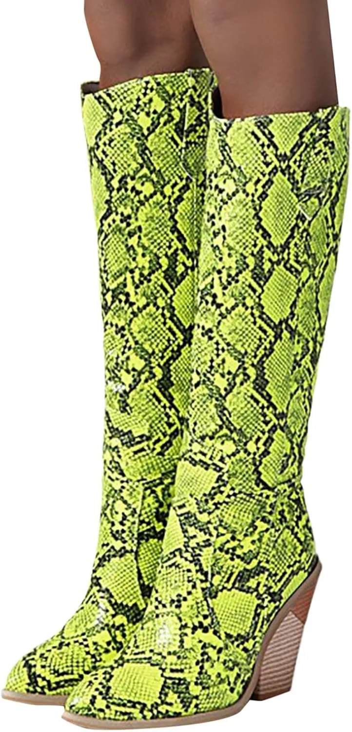 Cathalem Women's Knee High Boots Colorful Snakeskin Boots Round Toe Snake Print Chunky Block High Heel Pull On Boots