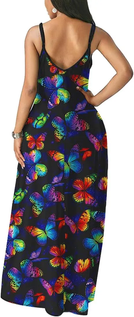 Chaos World Women's Maxi Dress V-Neck Strappy 3D Print Loose Summer Casual Dress