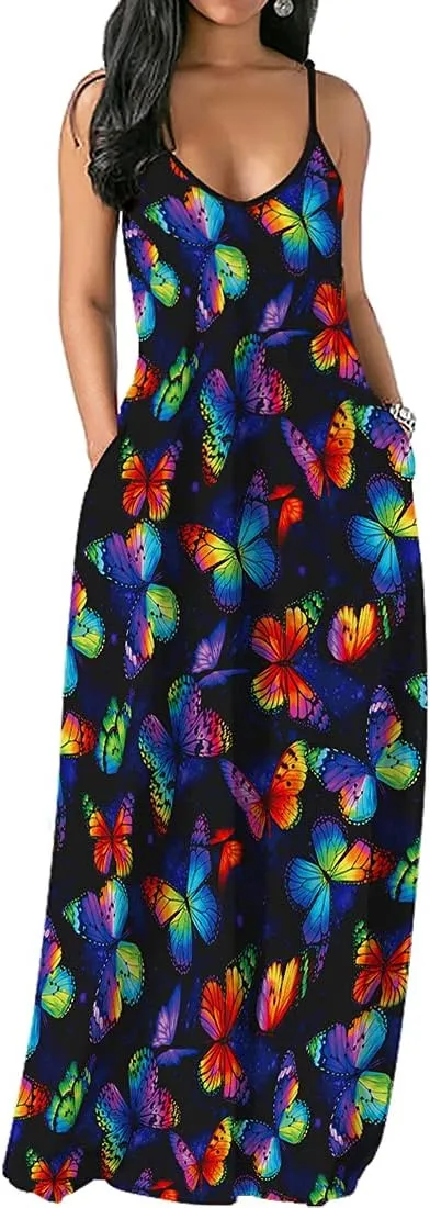 Chaos World Women's Maxi Dress V-Neck Strappy 3D Print Loose Summer Casual Dress