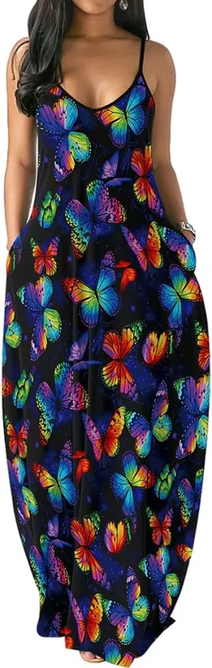 Chaos World Women's Maxi Dress V-Neck Strappy 3D Print Loose Summer Casual Dress