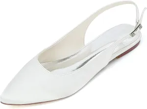 Charmstep Women Satin Wedding Flat Shoes for Bride Pointed Toe Slingback Ballet Pumps Bridal Party Dress Shoes 2046-22