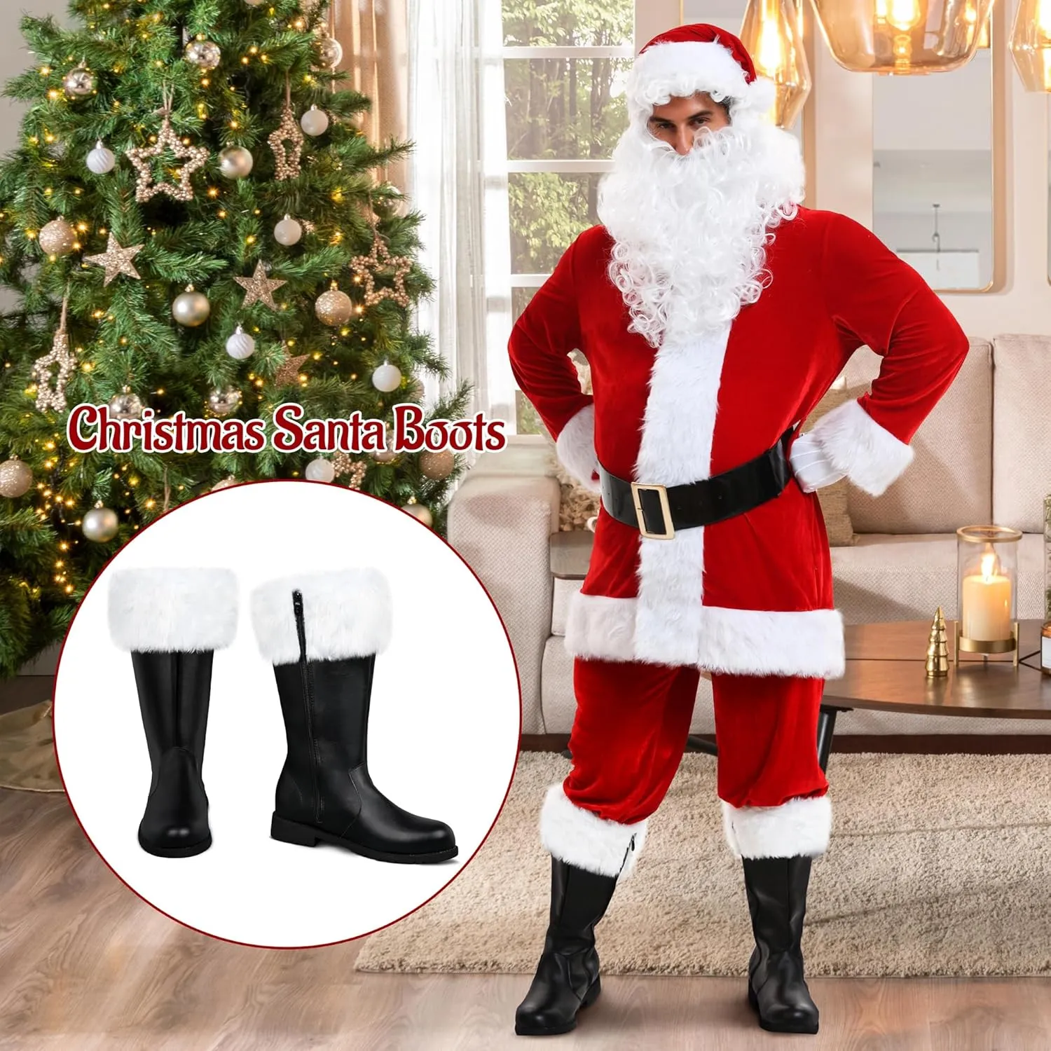 Christmas Santa Boots Men, Christmas Santa Claus Boots for Men Adult Wide Calf Costume with White Fur