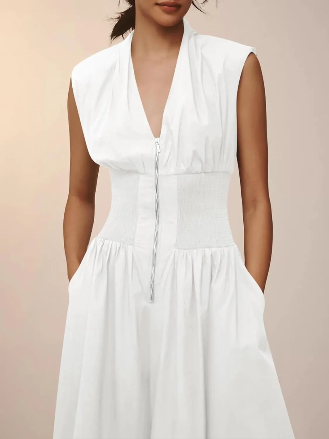 Cicy Bell Womens V Neck Casual Dressy Jumpsuits Smocked Zip Up Sleeveless Wide Leg Jumpsuit Summer Teacher Work Outfit