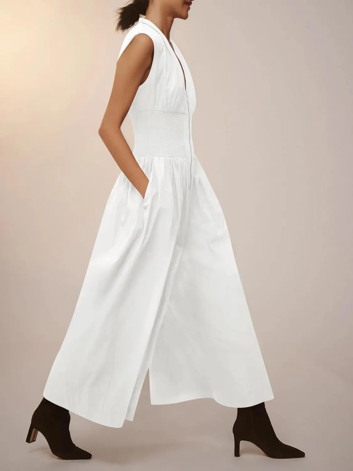 Cicy Bell Womens V Neck Casual Dressy Jumpsuits Smocked Zip Up Sleeveless Wide Leg Jumpsuit Summer Teacher Work Outfit