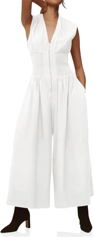 Cicy Bell Womens V Neck Casual Dressy Jumpsuits Smocked Zip Up Sleeveless Wide Leg Jumpsuit Summer Teacher Work Outfit