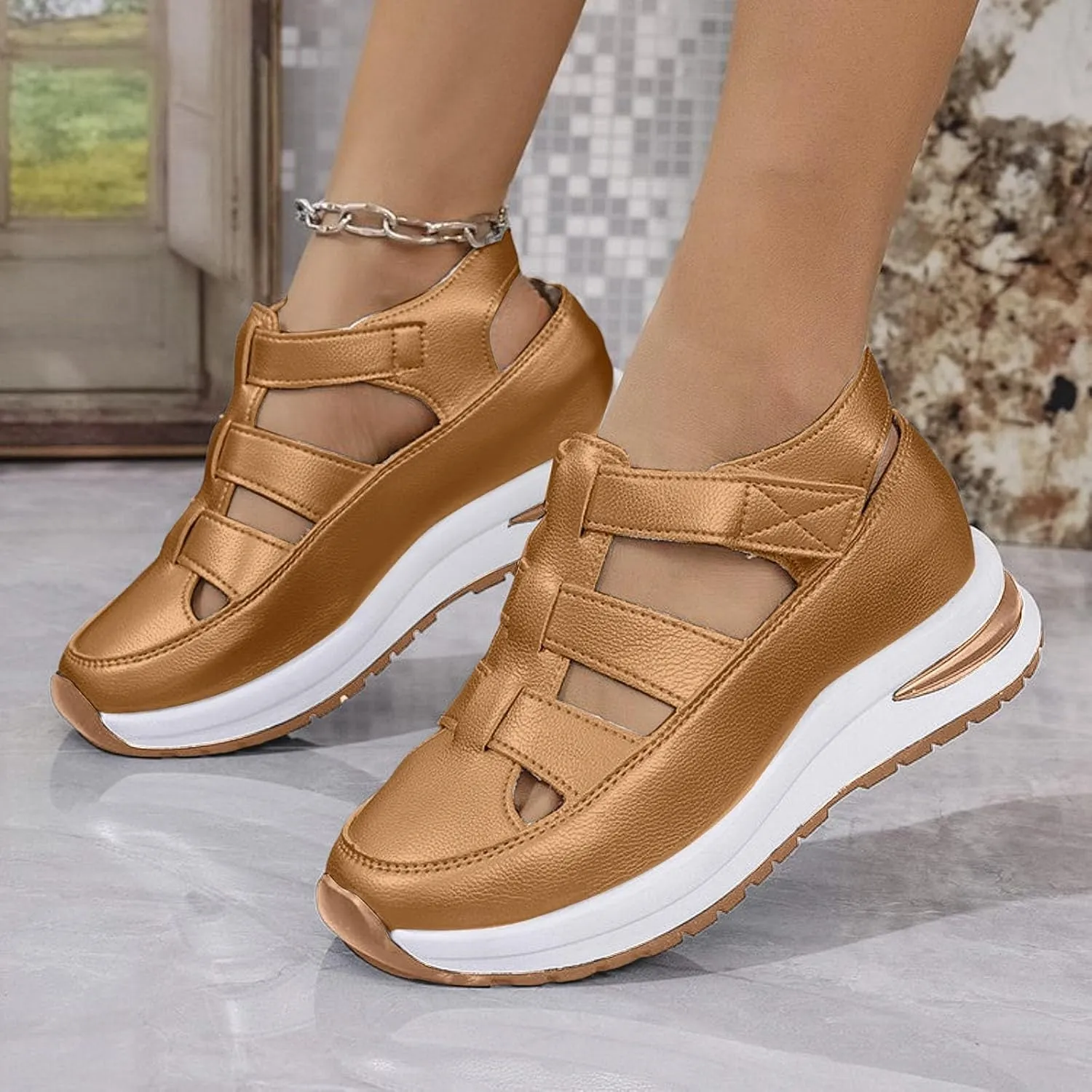 Closed Toe Platform Wedge Sandals for Women Casual Stylish Arch Support Leather Roman Sandal Summer Comfortable Orthotic Orthopedic Walking Sandals for Women