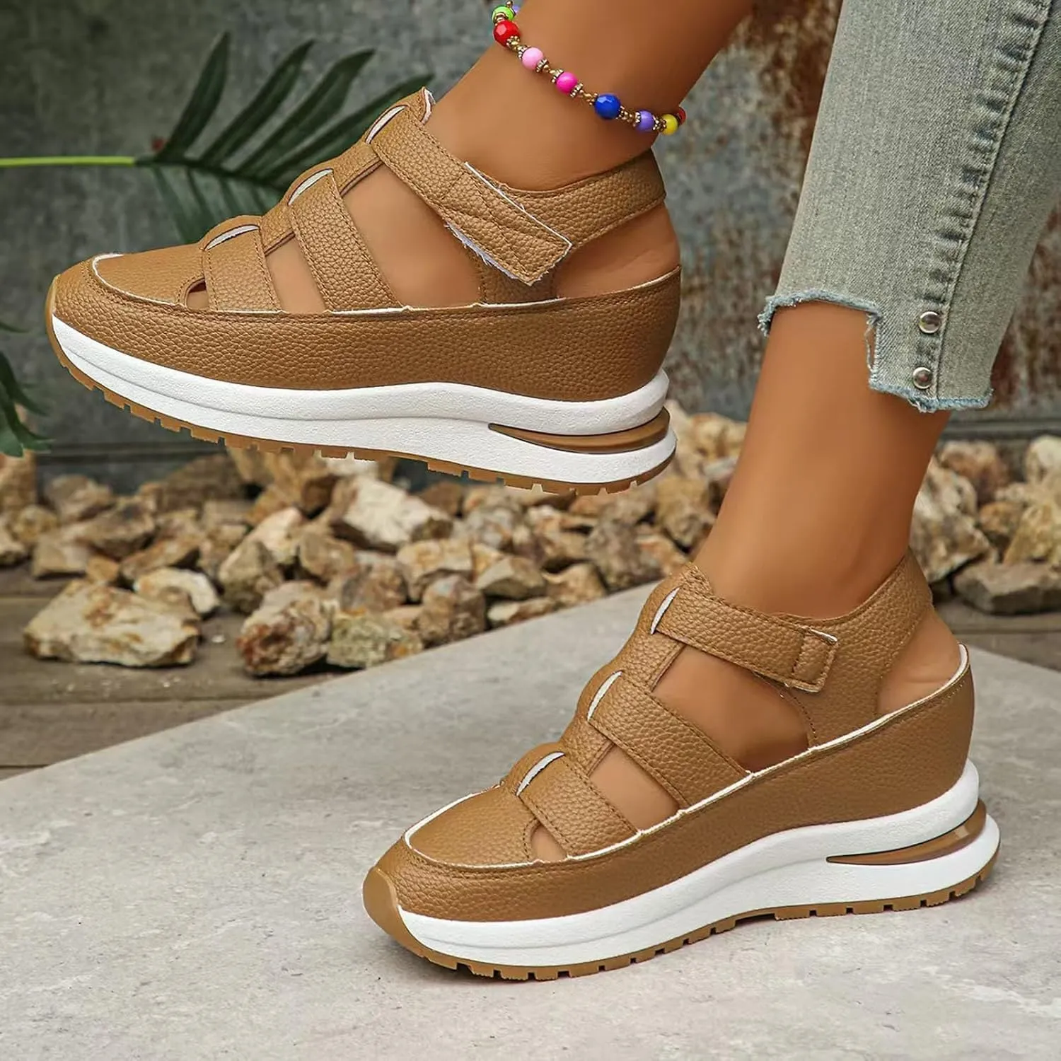 Closed Toe Platform Wedge Sandals for Women Casual Stylish Arch Support Leather Roman Sandal Summer Comfortable Orthotic Orthopedic Walking Sandals for Women