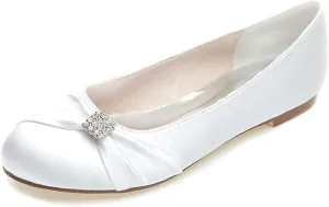COMFASH Wedding Shoes Ladies' Flats Satin Round Toe Rhinestones Evening Party Ballet Pumps