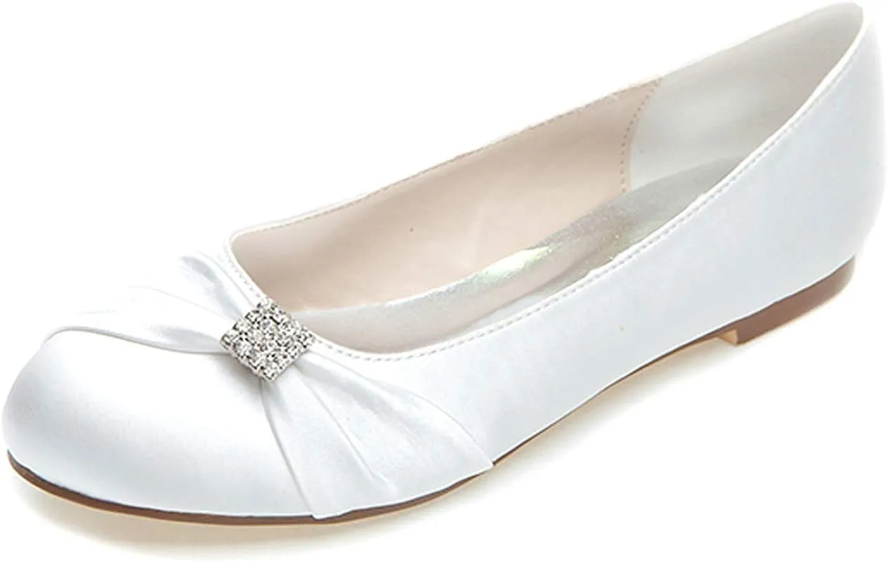 COMFASH Wedding Shoes Ladies' Flats Satin Round Toe Rhinestones Evening Party Ballet Pumps