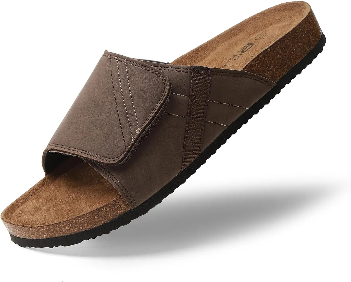 Comfort Slides Sandals, Cork Footbed, Adjustable Velcro Strap, Brown