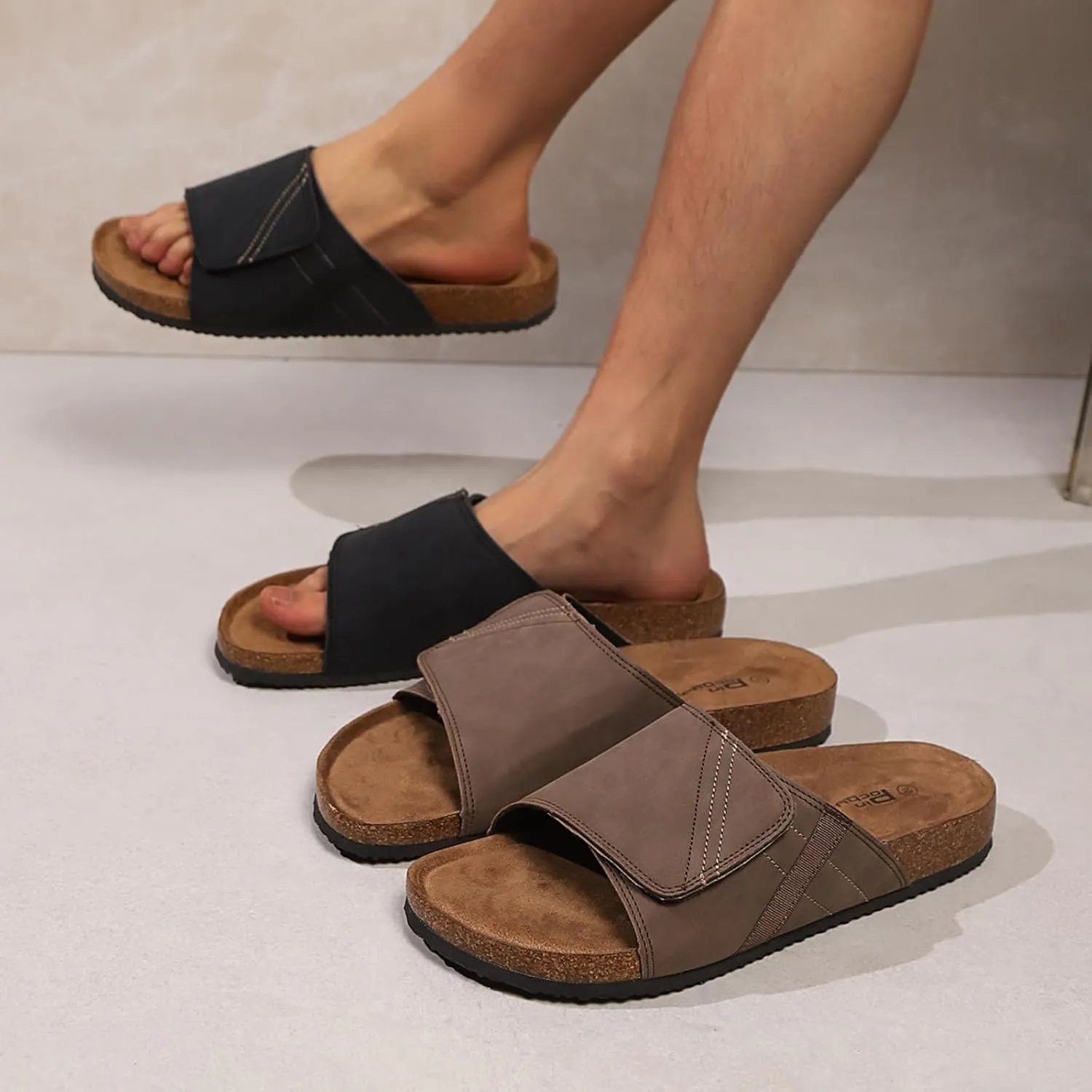 Comfort Slides Sandals, Cork Footbed, Adjustable Velcro Strap, Brown