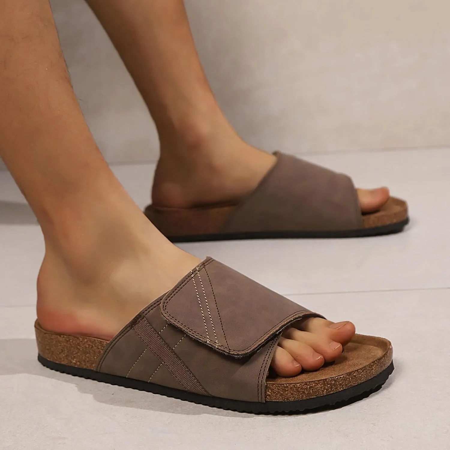 Comfort Slides Sandals, Cork Footbed, Adjustable Velcro Strap, Brown