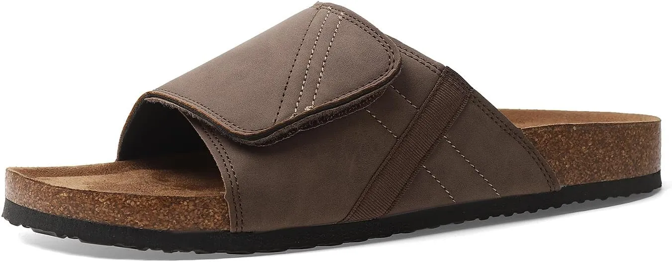 Comfort Slides Sandals, Cork Footbed, Adjustable Velcro Strap, Brown