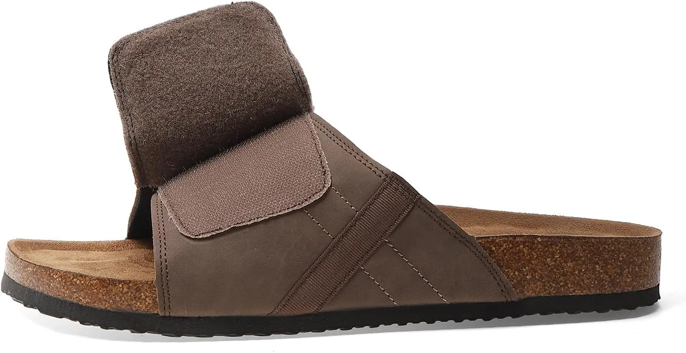 Comfort Slides Sandals, Cork Footbed, Adjustable Velcro Strap, Brown