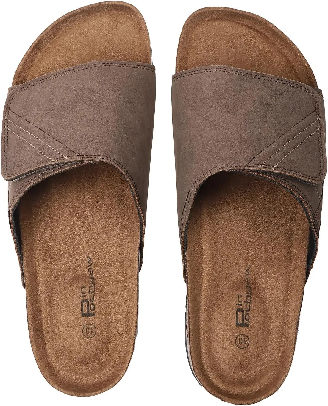 Comfort Slides Sandals, Cork Footbed, Adjustable Velcro Strap, Brown