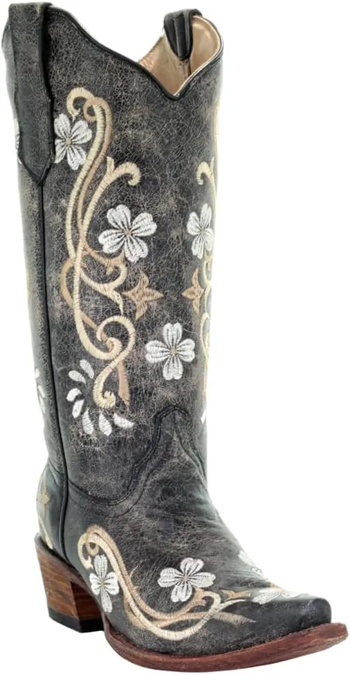 Corral Boots Womens Embroidered Snip Toe Casual Boots Knee High Mid Heel 2-3" - Black