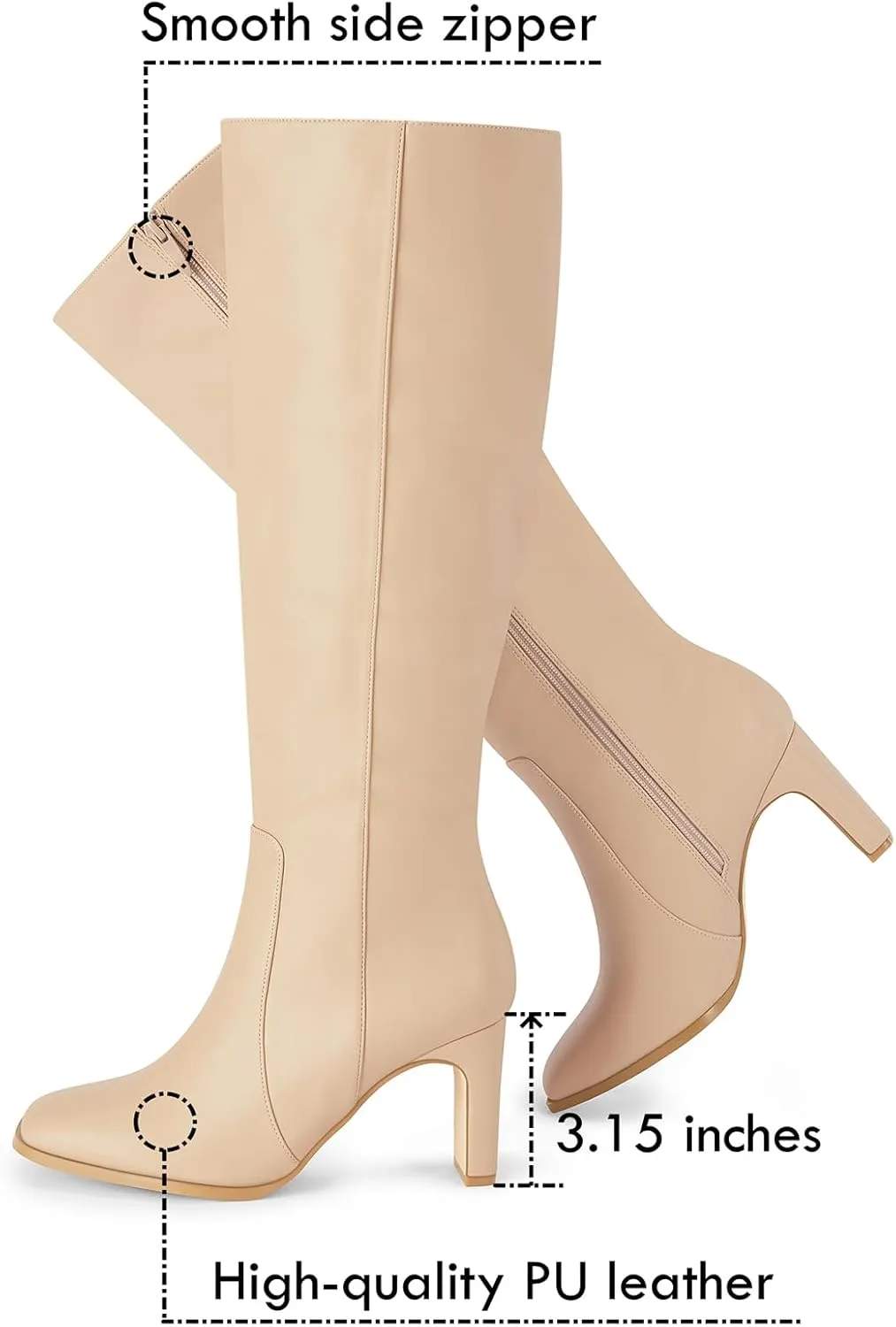 Coutgo Womens Square Toe Knee High Boots Leather Chunky Heel Fashion Dressy Winter Shoes with Side Zipper