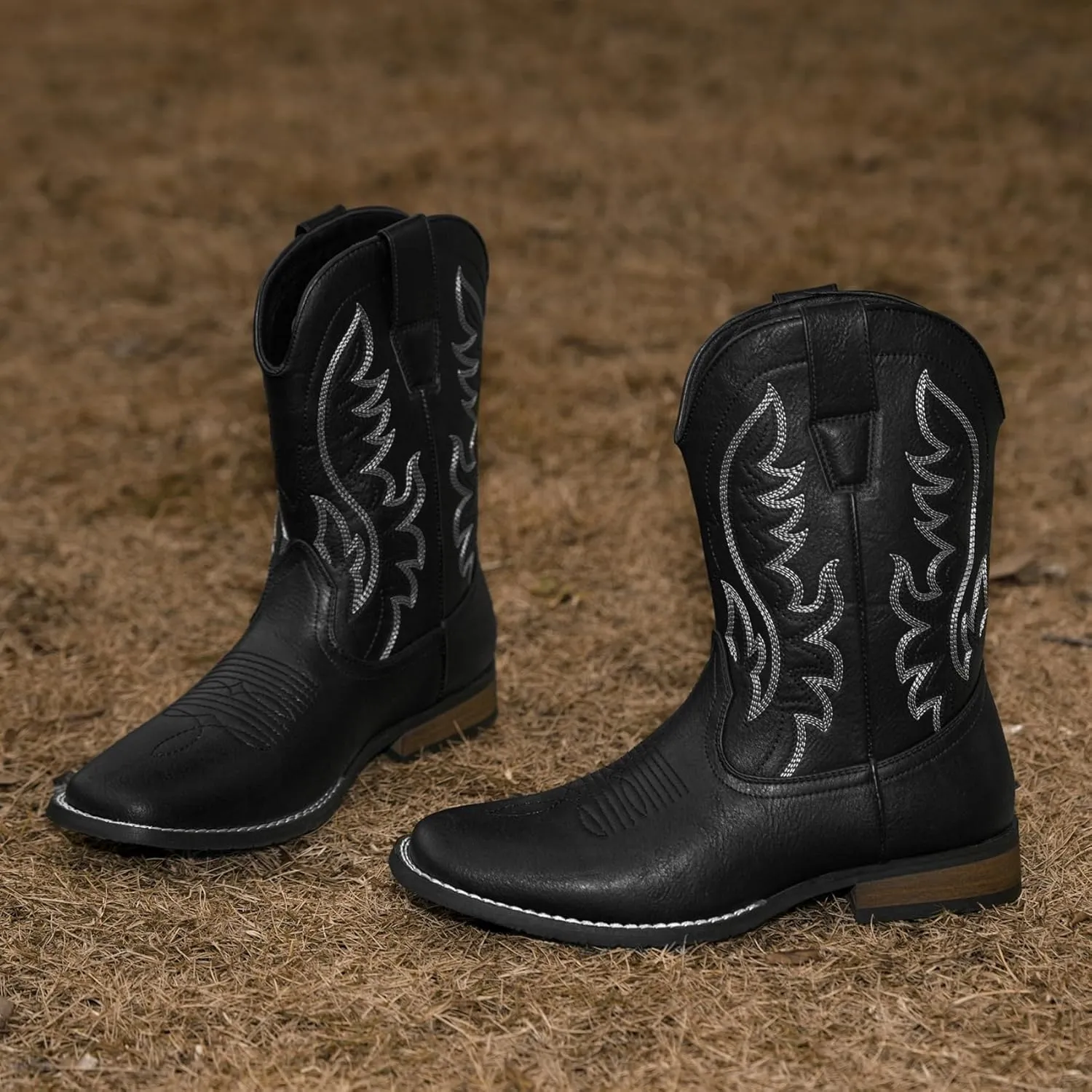 Cowboy Boots For Men Western Fashionable Retro Stylish Embroidered Square Toe Boots Chunky Heel