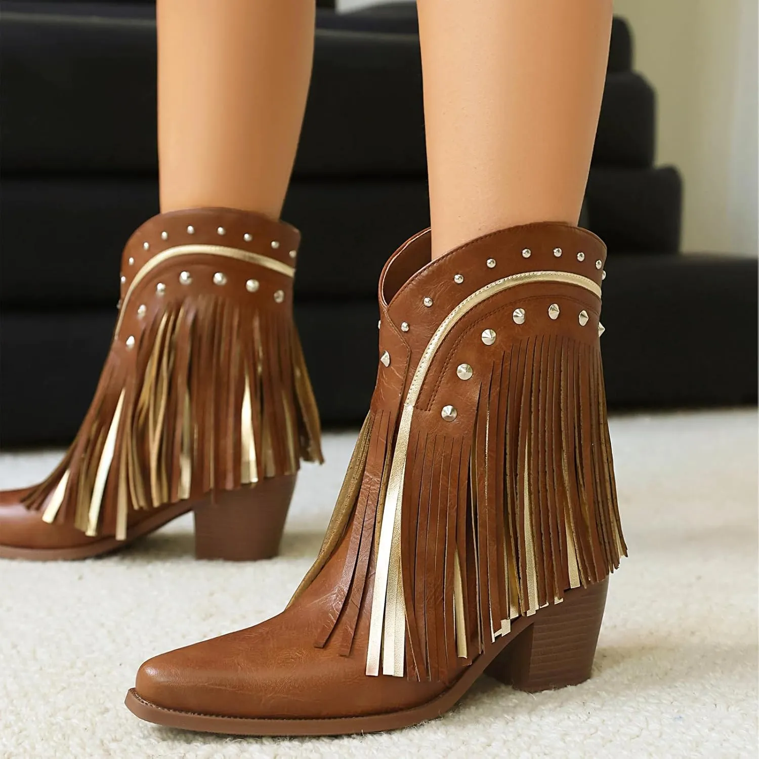 Cowboy Boots for Women Ankle Western Fringe Booties with Low Heel