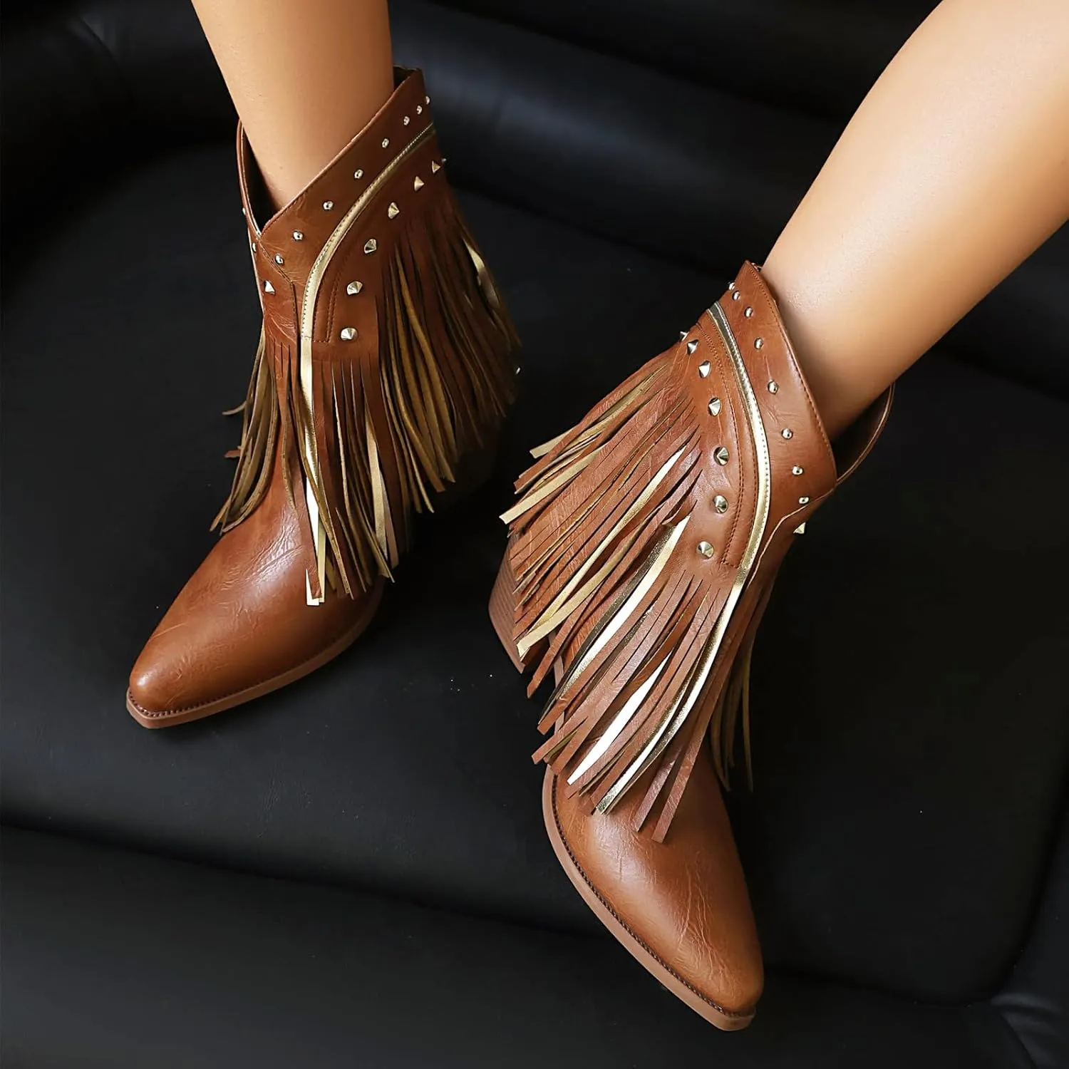 Cowboy Boots for Women Ankle Western Fringe Booties with Low Heel