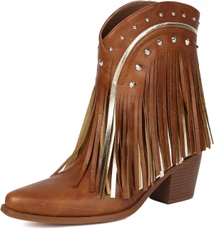 Cowboy Boots for Women Ankle Western Fringe Booties with Low Heel