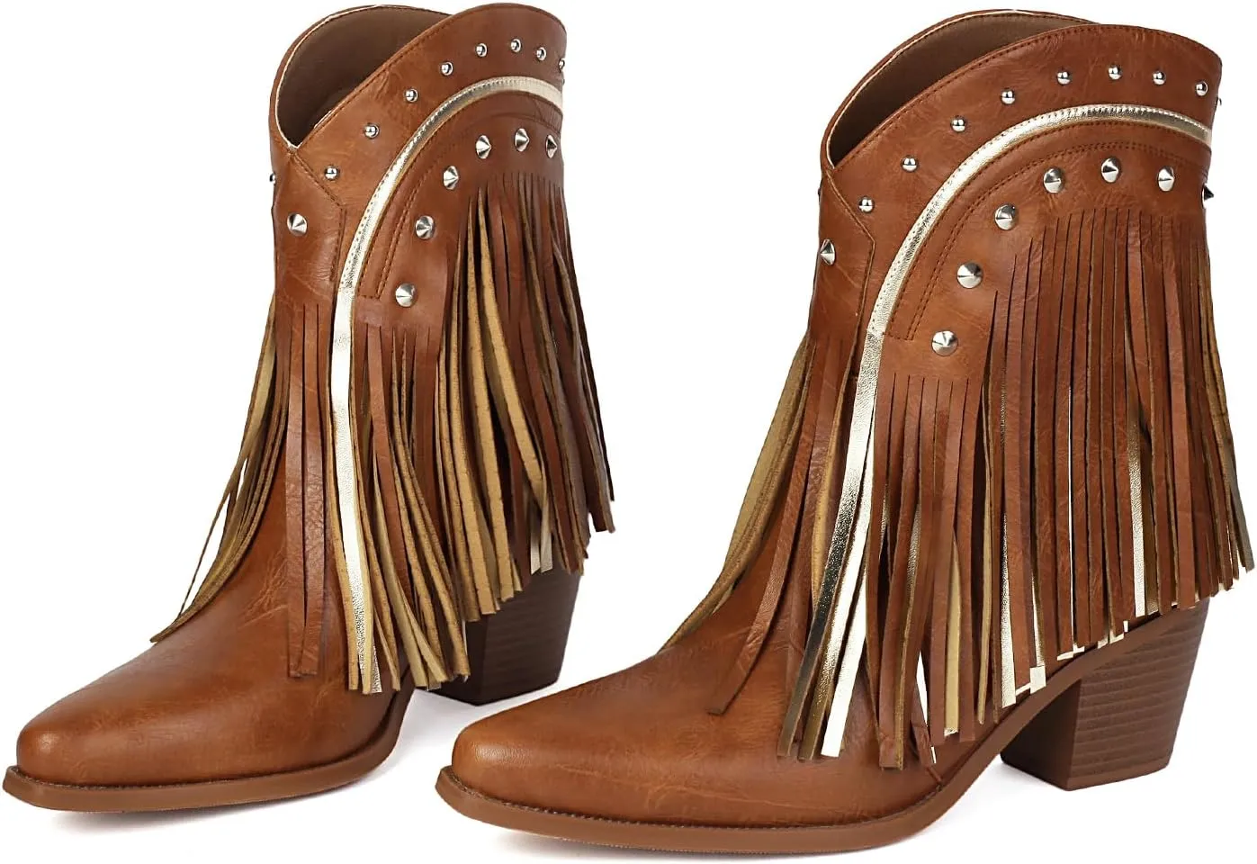 Cowboy Boots for Women Ankle Western Fringe Booties with Low Heel