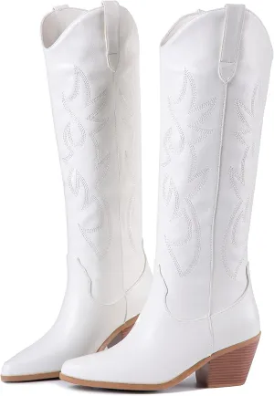 Cowboy Boots for women,Womens Embroidered Knee High Western Cowboy Boots,Comfortable Fashionable Pointed Toe Chunky Heel Wide Calf Boots