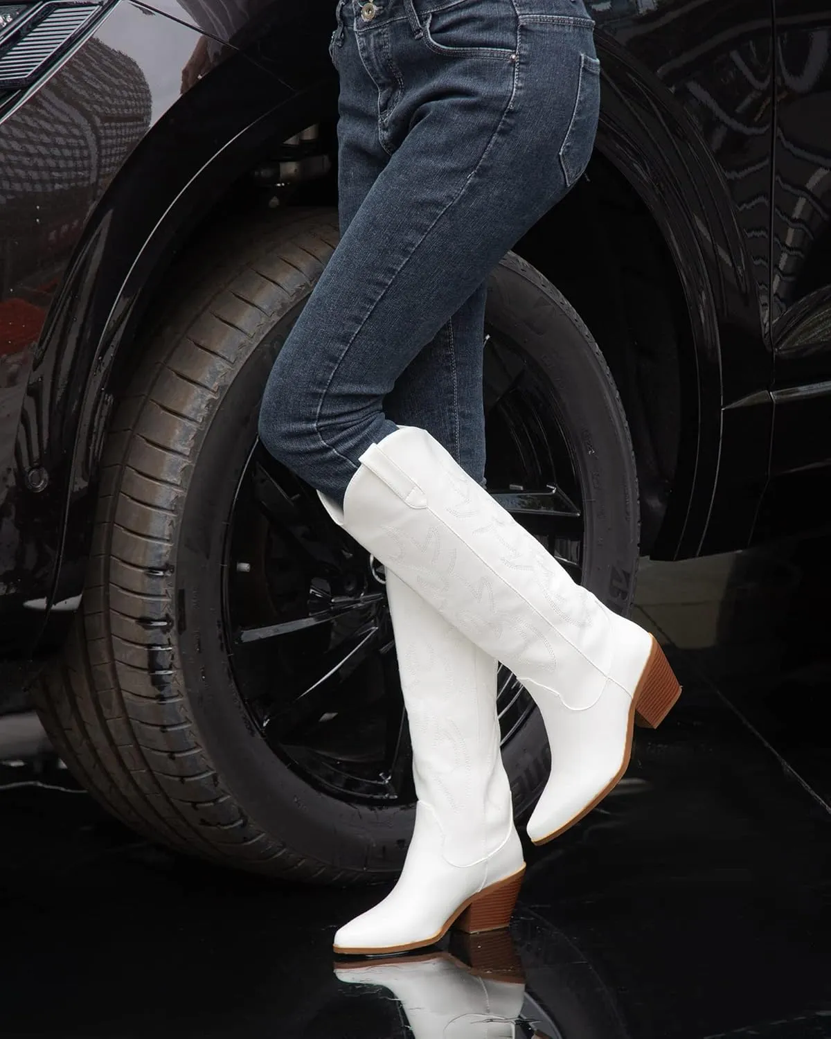 Cowboy Boots for women,Womens Embroidered Knee High Western Cowboy Boots,Comfortable Fashionable Pointed Toe Chunky Heel Wide Calf Boots