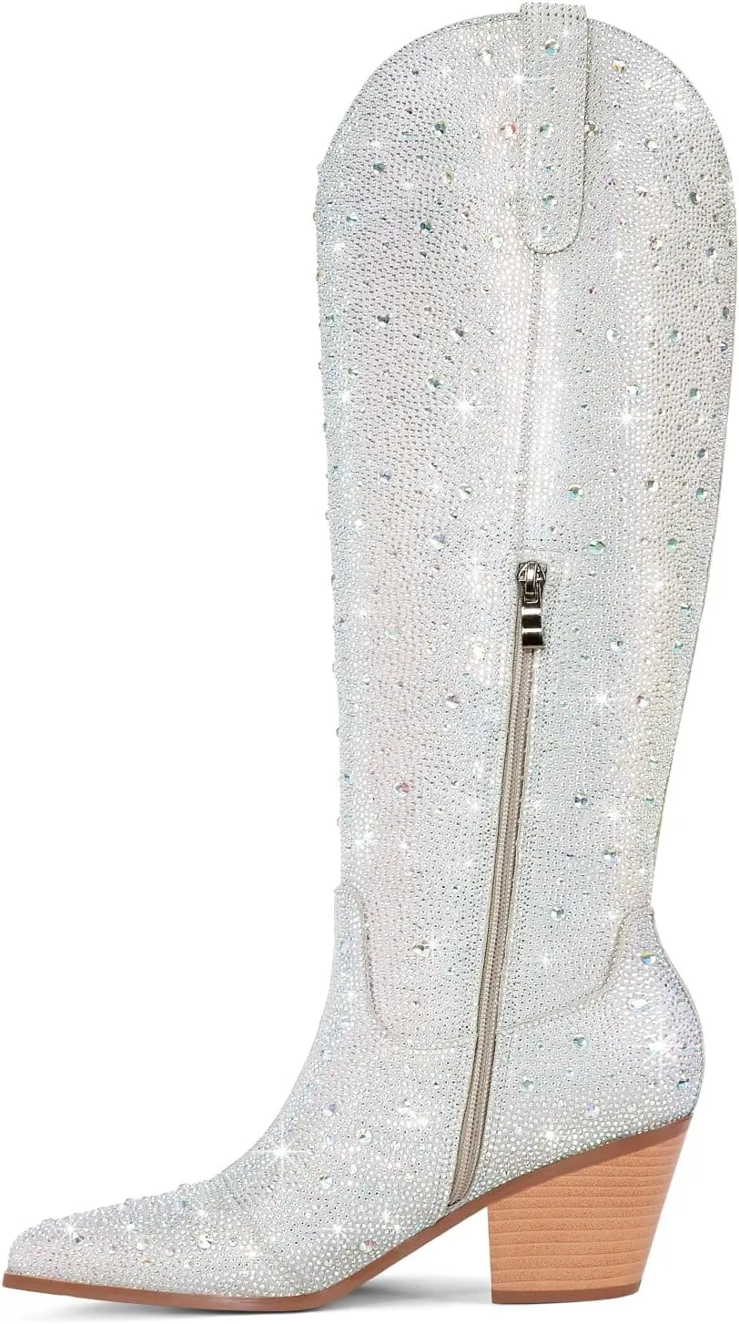 Cowgirl Ankle Boots Cowboy Boots for Women Western Booties Rhinestone Chunky Heel Fashion Comfortable Side Zipper