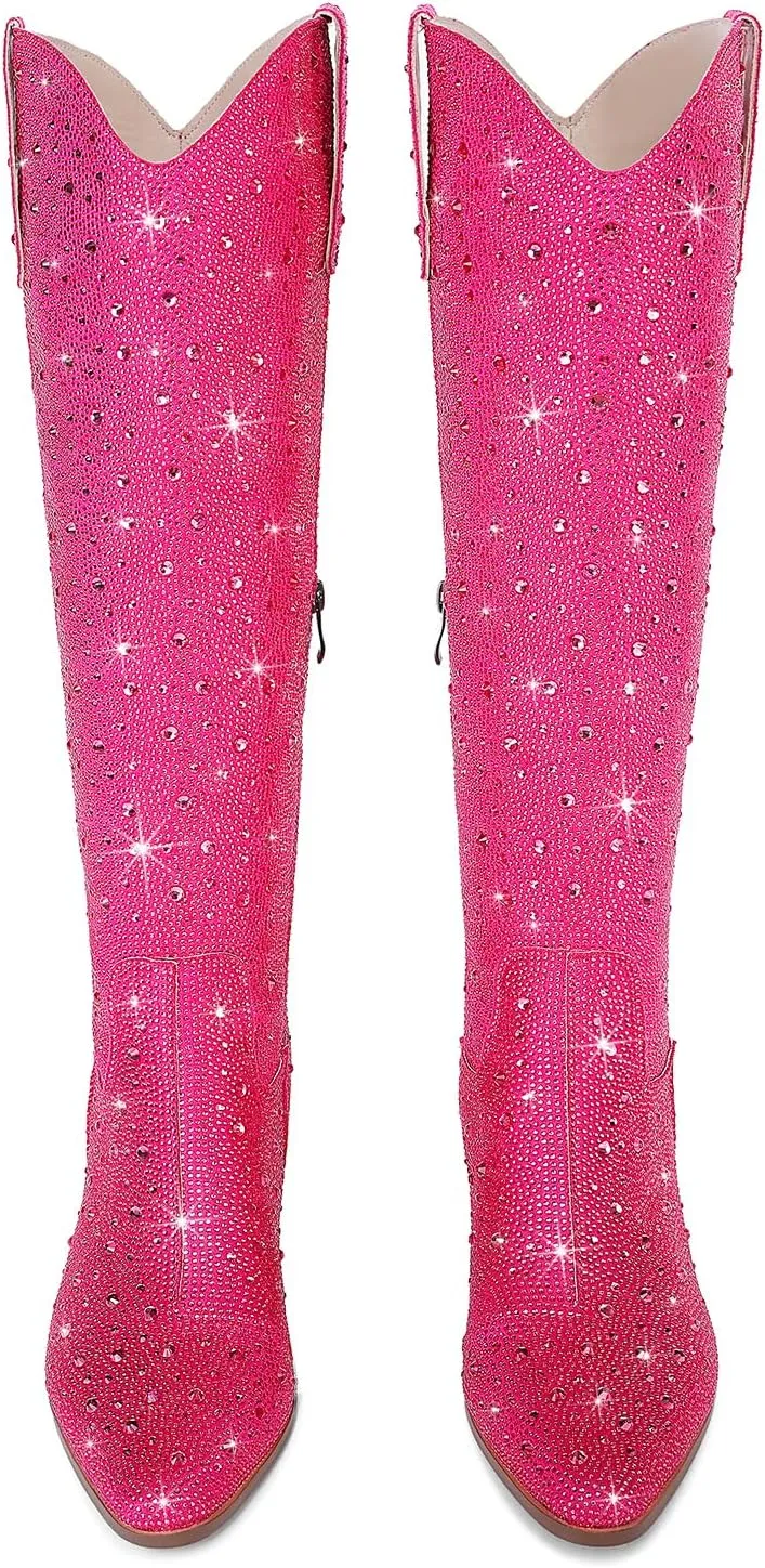 Cowgirl Ankle Boots Cowboy Boots for Women Western Booties Rhinestone Chunky Heel Fashion Comfortable Side Zipper