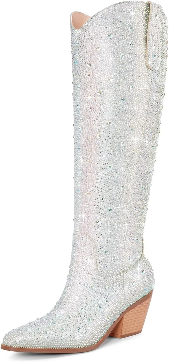 Cowgirl Ankle Boots Cowboy Boots for Women Western Booties Rhinestone Chunky Heel Fashion Comfortable Side Zipper