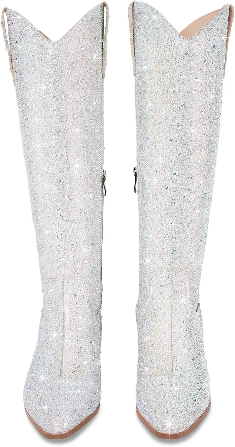 Cowgirl Ankle Boots Cowboy Boots for Women Western Booties Rhinestone Chunky Heel Fashion Comfortable Side Zipper