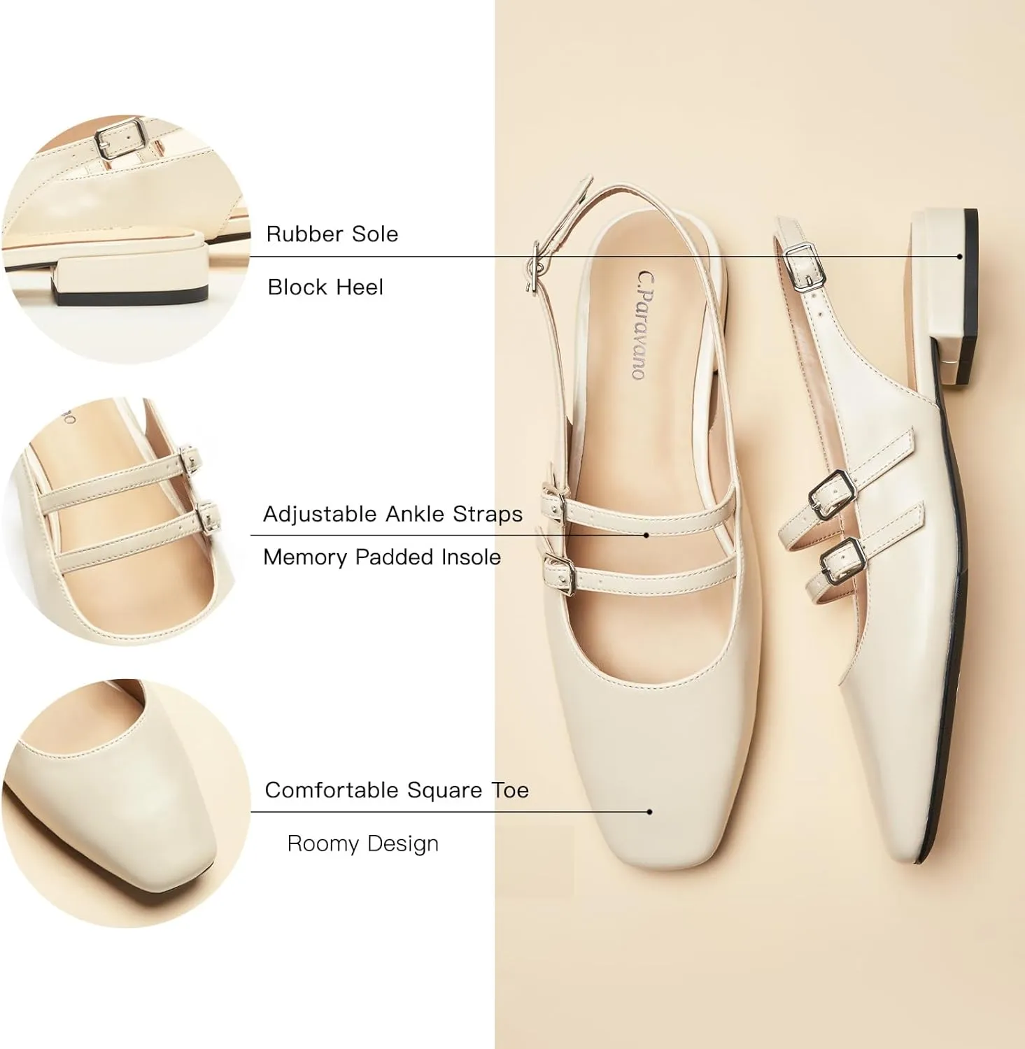 C.Paravano Women's Slingback Flats | Sandals Square Toe Dress Shoes | Adjustable Ankle Strap Flats for Office，Weddings & Cocktail Parties
