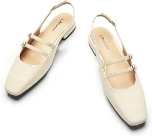C.Paravano Women's Slingback Flats | Sandals Square Toe Dress Shoes | Adjustable Ankle Strap Flats for Office，Weddings & Cocktail Parties