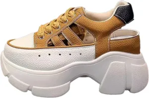 Cubicbee Women's Leather Platform Hollow Out Walking Shoes Non-Slip Breathable Lace-Up Rome Sandals Adjustable Buckle Casual Sneakers