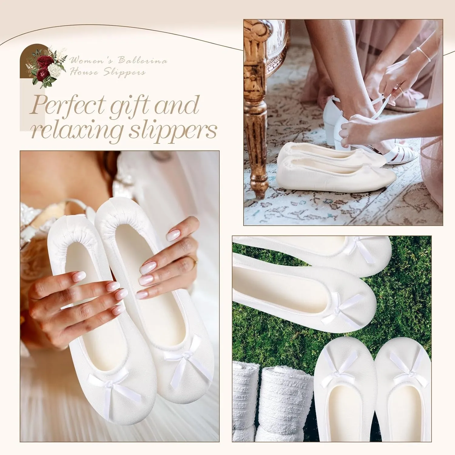 Cuffbow 12 Pairs Wedding Foldable Flats Dancing Shoes Rollable Ballet Flats Bulk Women's Satin Ballerina House Slippers Bridal Party Favors Bedroom Slippers for Indoor Outdoor Wedding