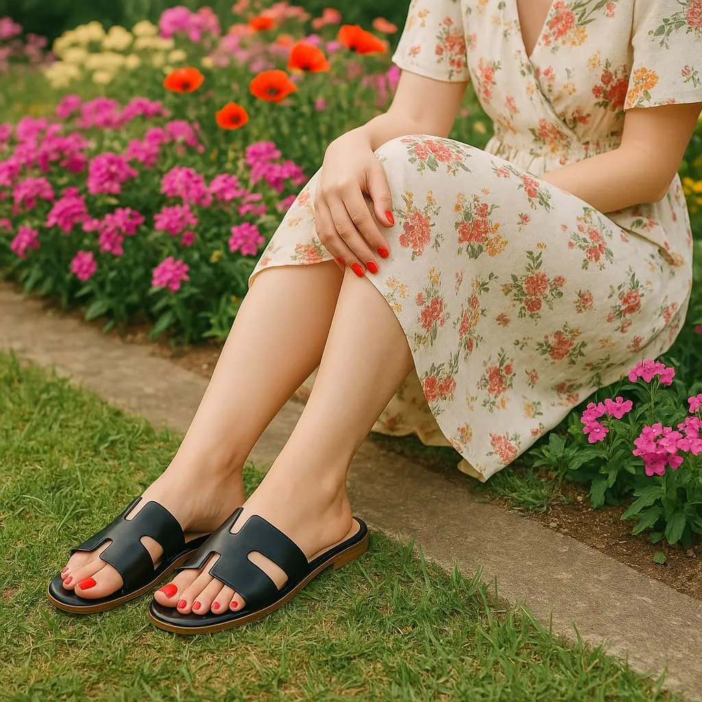 CUSHIONAIRE Voyage Cutout Strap Slides for Women, Slip On Summer Flats, Trendy Footwear, Comfortable Vacation Style Sandals for Women 2025