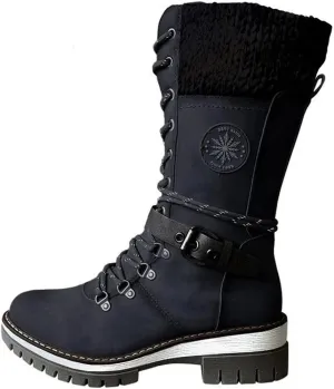 Cydmoty Women Buckle Lace Knitted Mid-calf Boots, tall shaft hiker boot styled with Stylish finished hardware and two-tone laces