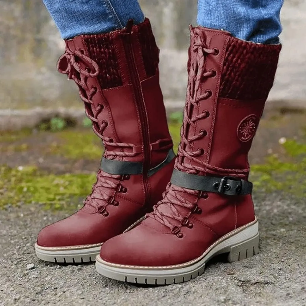 Cydmoty Women Buckle Lace Knitted Mid-calf Boots, tall shaft hiker boot styled with Stylish finished hardware and two-tone laces