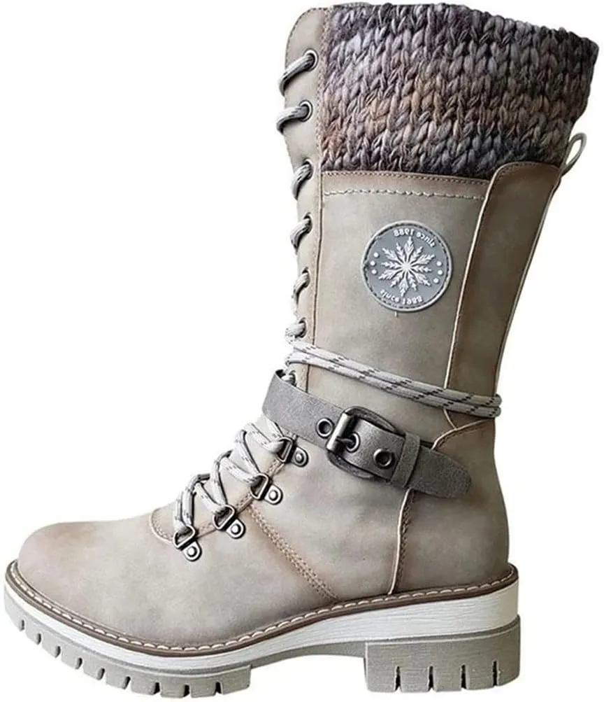 Cydmoty Women Buckle Lace Knitted Mid-calf Boots, tall shaft hiker boot styled with Stylish finished hardware and two-tone laces