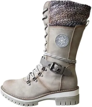 Cydmoty Women Buckle Lace Knitted Mid-calf Boots, tall shaft hiker boot styled with Stylish finished hardware and two-tone laces